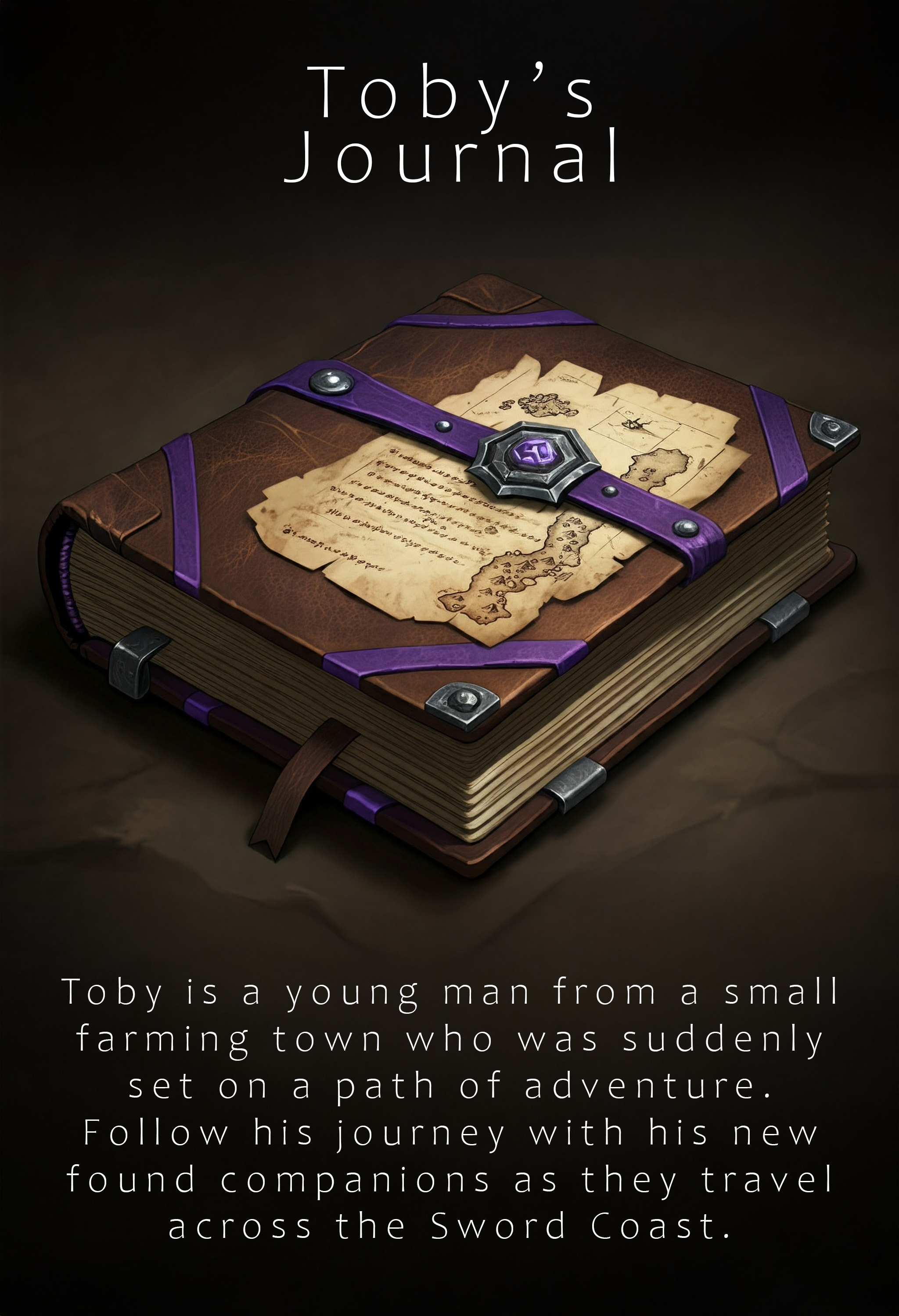 A leather bound tome with a hand drawn page and purple accents. The image reads: Toby's Journal - Toby is a young man from a small farming town who was suddenly set on a path of adventure. Follow his journey with his new found companions as they travel across the Sword Coast.