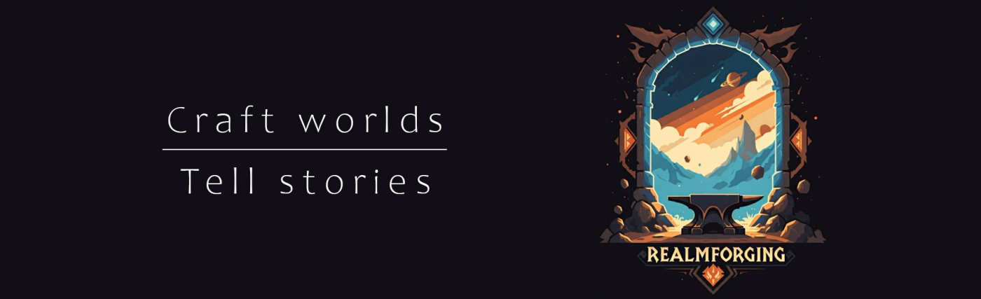 A banner image with a large blue portal through which you can see mountains and the sky of a strange planet as well as other planets above. The banner reads : Craft words - Tell stories.